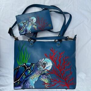Anuschka Sea Turtle Reef Large Tote and Two Fold RFID Wallet Matching Set NWOT